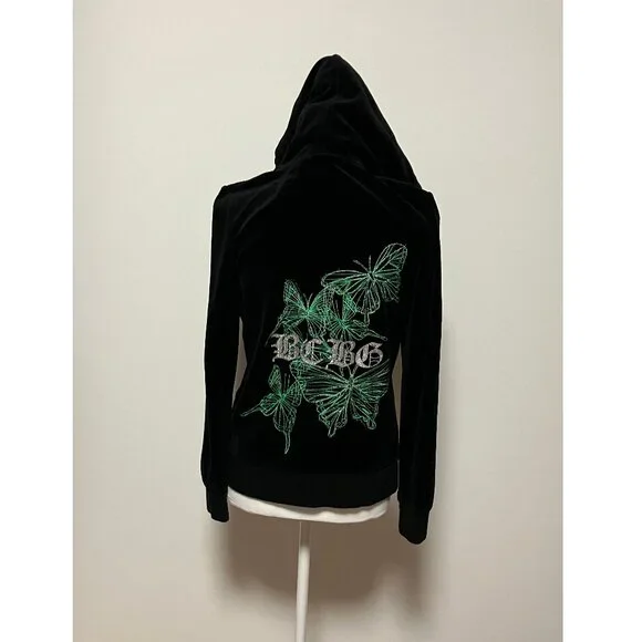 BCBG Maxazria Black Velour Hoodie With Green Butterflies, Size Large, Full Zip - Picture 7 of 13